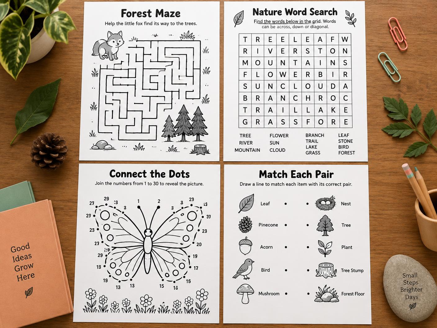 Maze, word search, dot-to-dot and matching activity pages