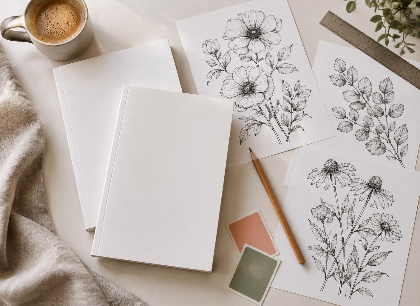 Publishing workspace with blank paperbacks, botanical coloring sheets and print tools
