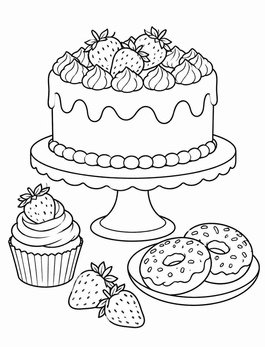 Coloring page of a strawberry cake, cupcake and donuts