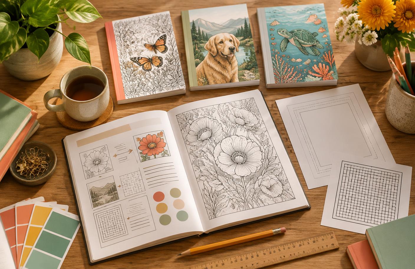 Coloring book planning desk with interiors, covers and print guides