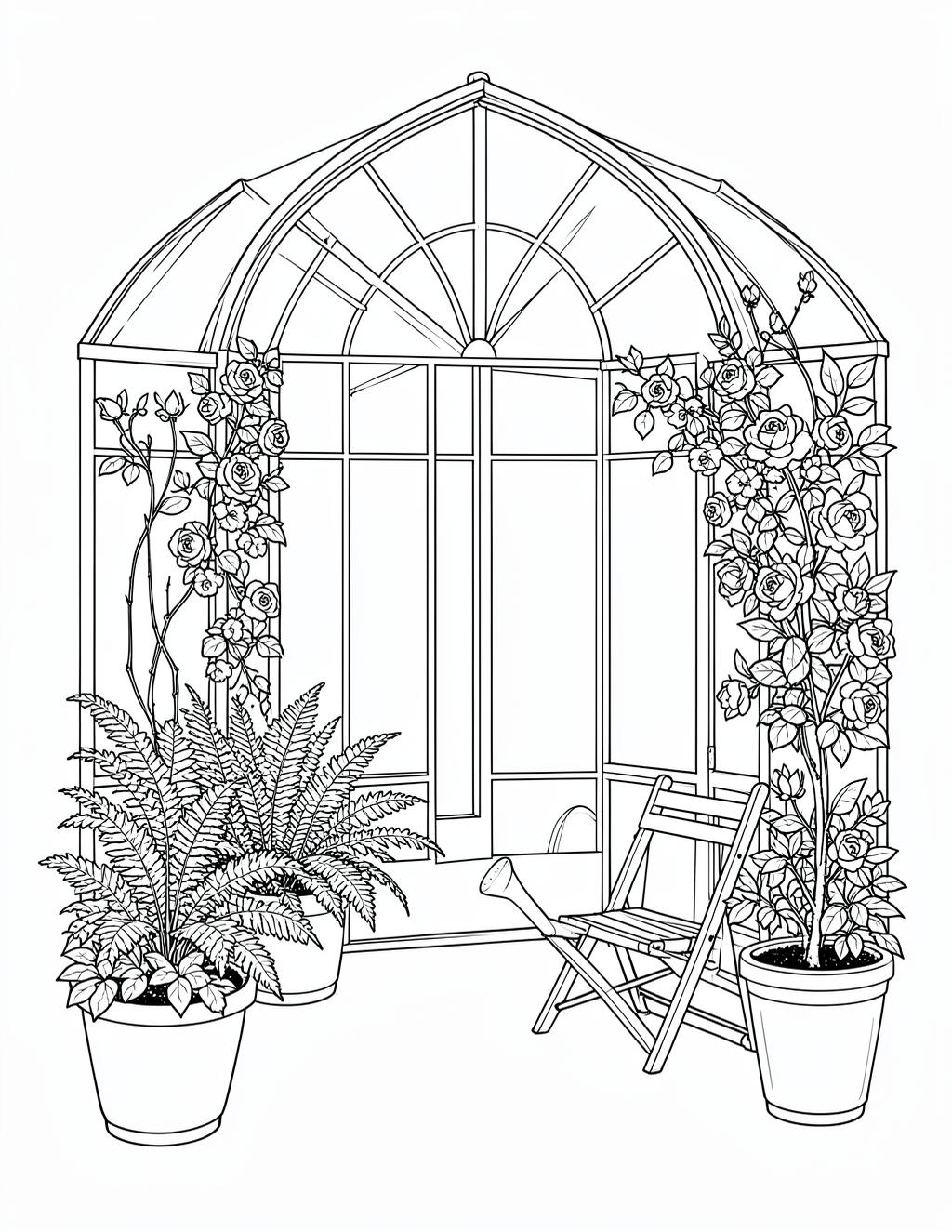Coloring page of a glasshouse filled with potted plants