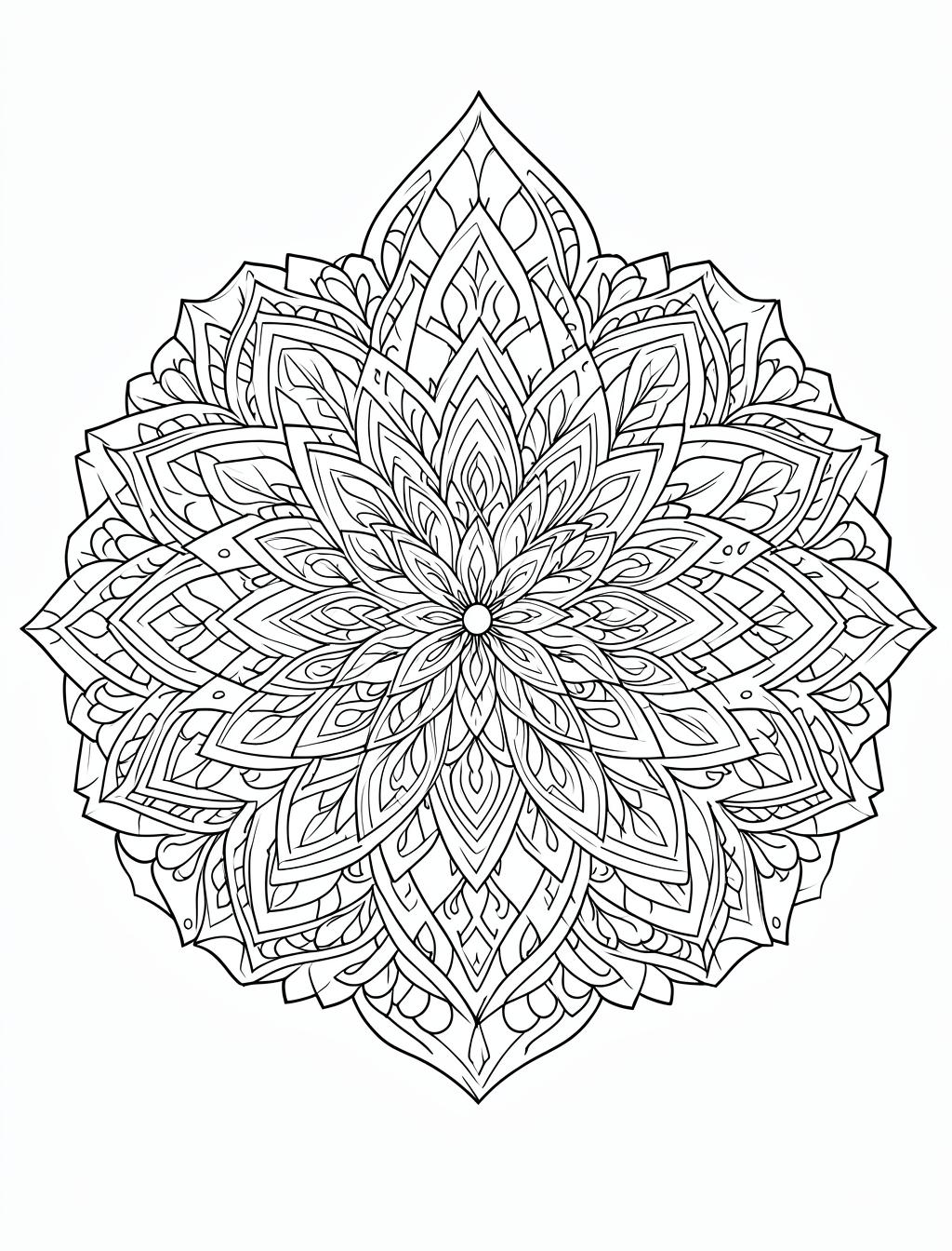 Coloring page of a symmetrical floral mandala pattern