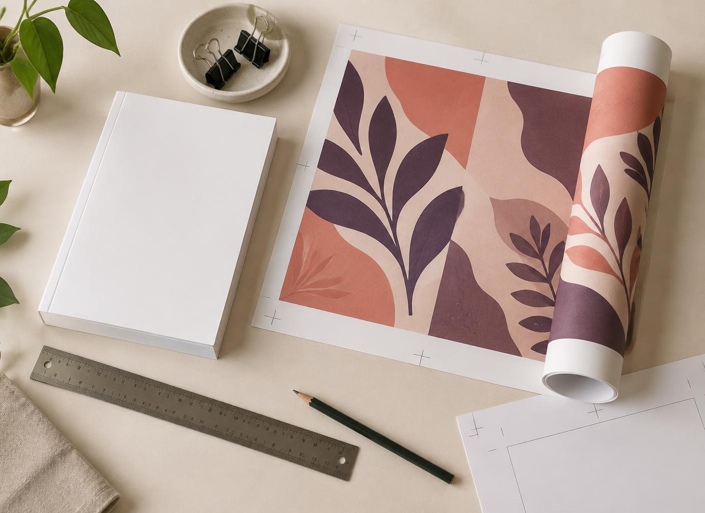 Blank paperback mockup beside a rolled botanical full-cover print proof