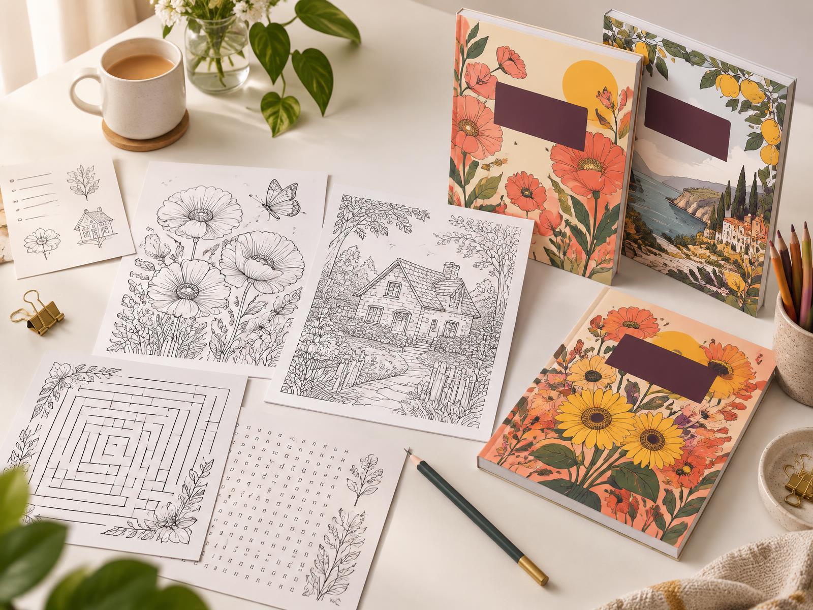 Creative publishing desk with original coloring pages, a maze, book covers and finished books